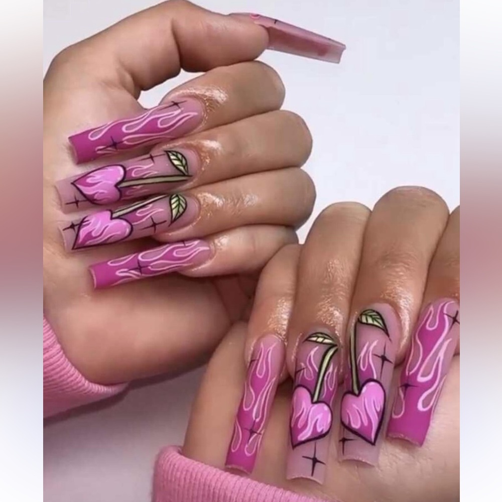 Fierce & Flirty 💅 Pink Flame & Heart Press-On Nails (24 Nails)